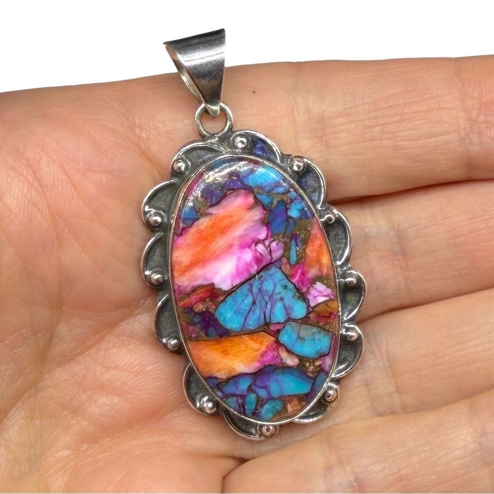 Pink Dahlia Kingman Turquoise Necklace Pendant Solid 925 Sterling Silver Oval - Picture 2 of 5
